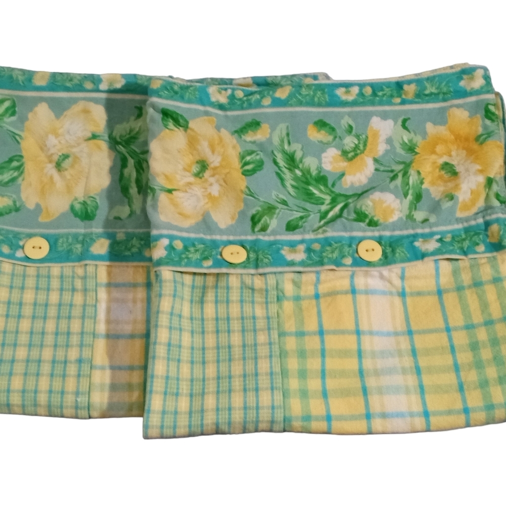 April Cornell Pillow Euro Shams Pair Yellow Green Plaid Floral 23.5 x 23.5